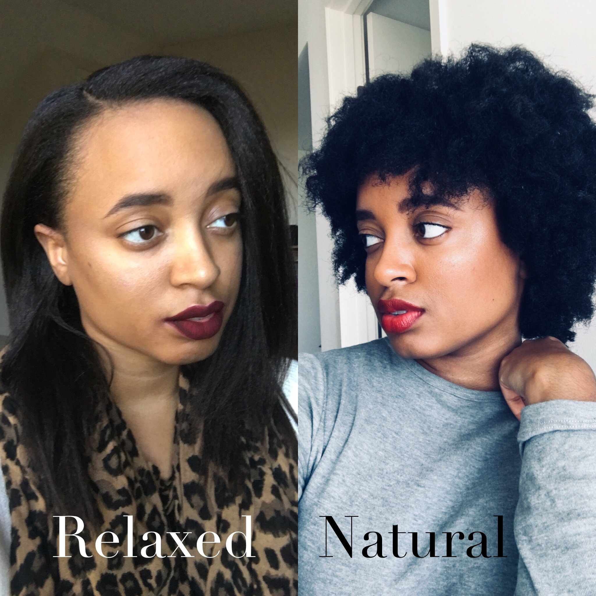 Image showing Shuna Rae with relaxed hair on left and natural hair on right.